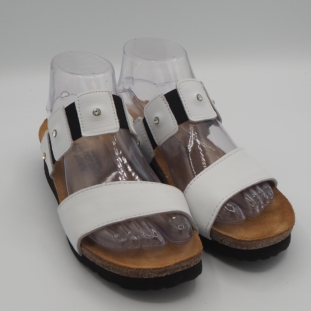 Naot Ashley White Leather Sandal Slide US 8 EU 39 Cork Comfort Shoes Rhinestone